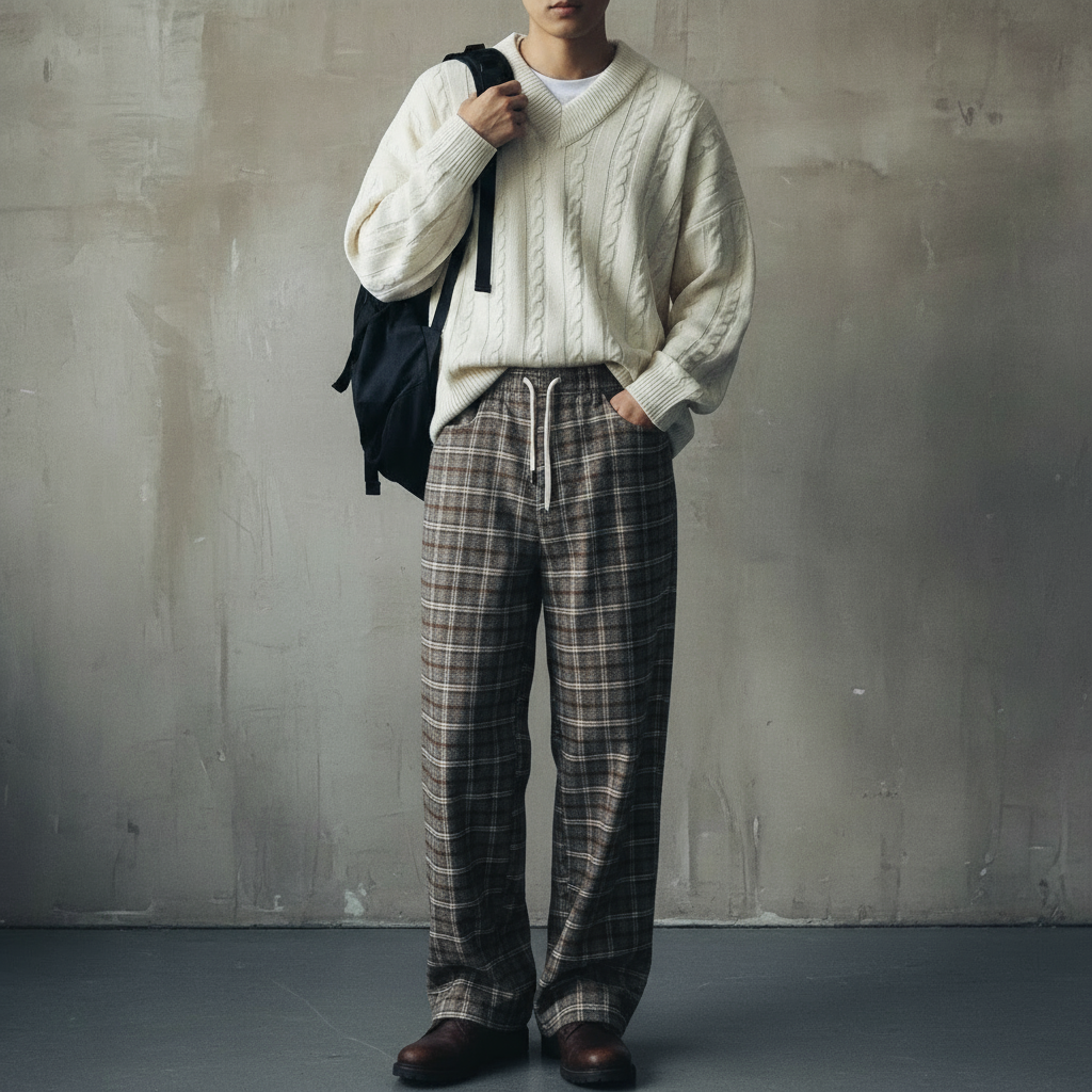 High-End Loose Fit Checkered Trousers