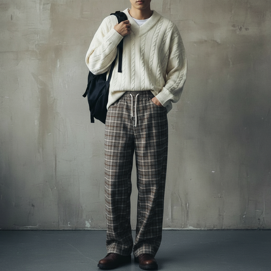 High-End Loose Fit Checkered Trousers