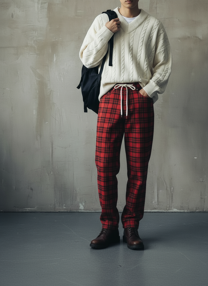 High-End Loose Fit Checkered Trousers