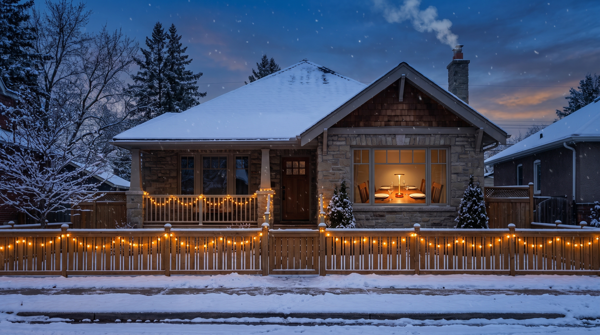 Styling visualization: warm string lights on a snowy porch and fence