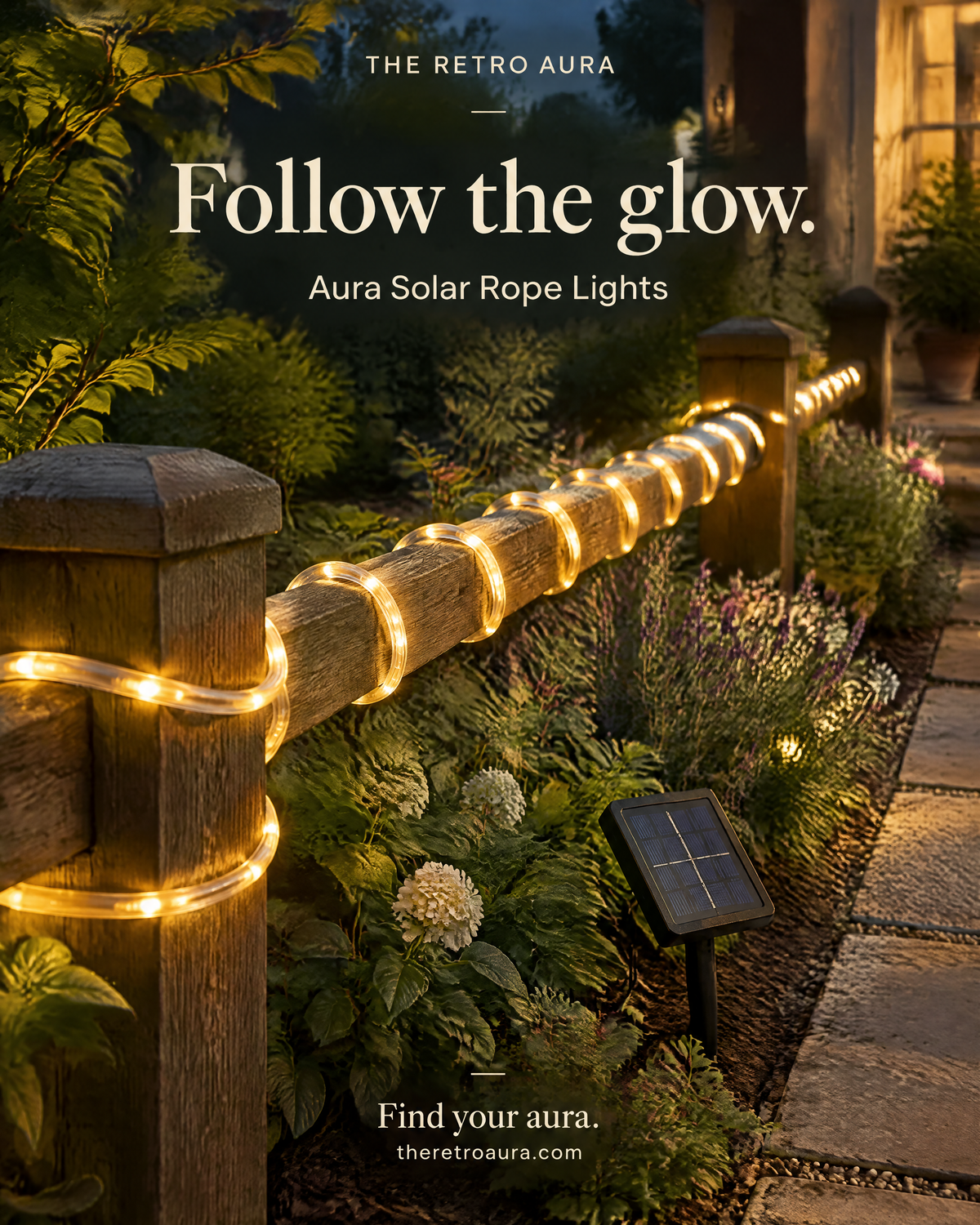 Aura Solar Rope Lights styled along a garden fence at dusk; illustrative placement.