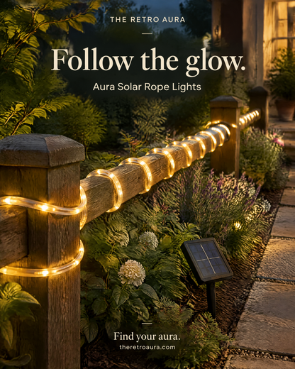 Aura Solar Rope Lights styled along a garden fence at dusk; illustrative placement.