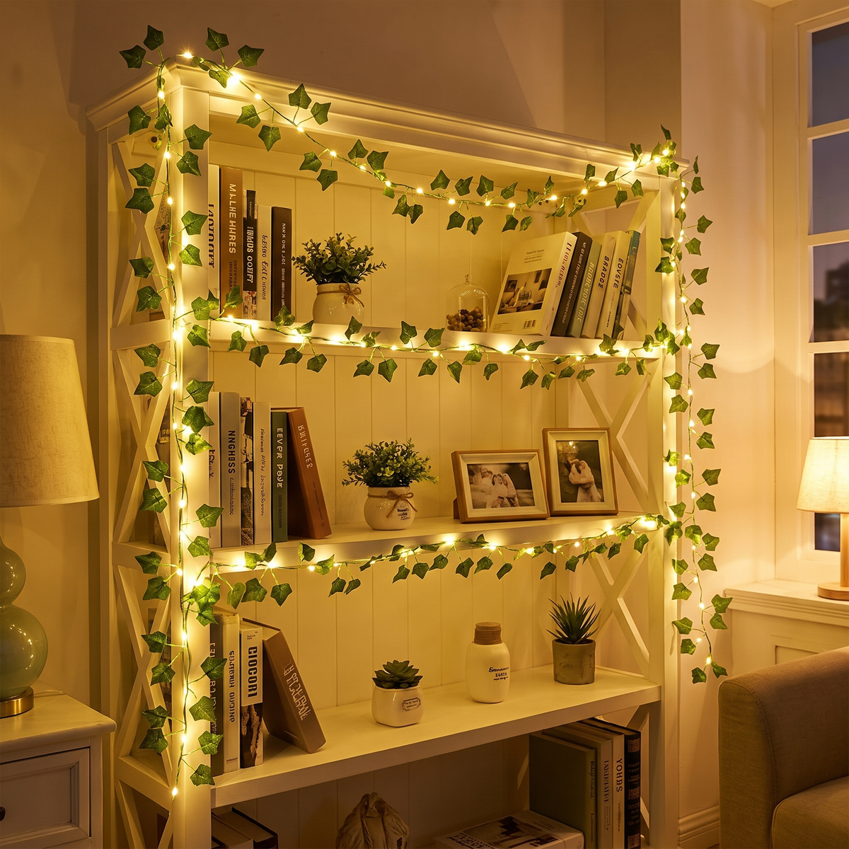 Vine fairy lights on a bookshelf (styled photo)