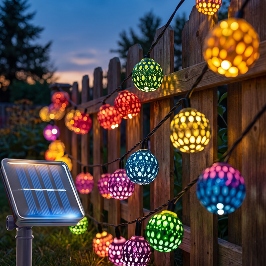 Moroccan solar lights on a fence (styled photo)