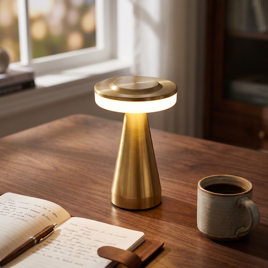 The Desk Glow on a walnut desk (styled photo)
