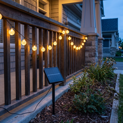 Solar globe lights on a porch railing (styled photo)