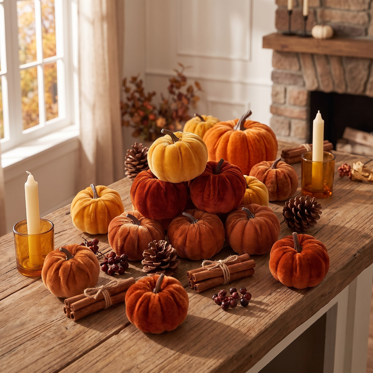 Velvet pumpkins on a table (styled photo; candles and props not included)