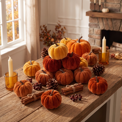 Velvet pumpkins on a table (styled photo; candles and props not included)