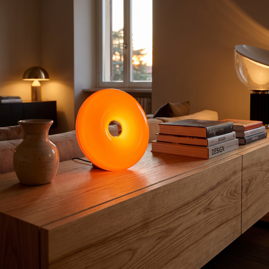 Donut lamp on a console (styled photo)