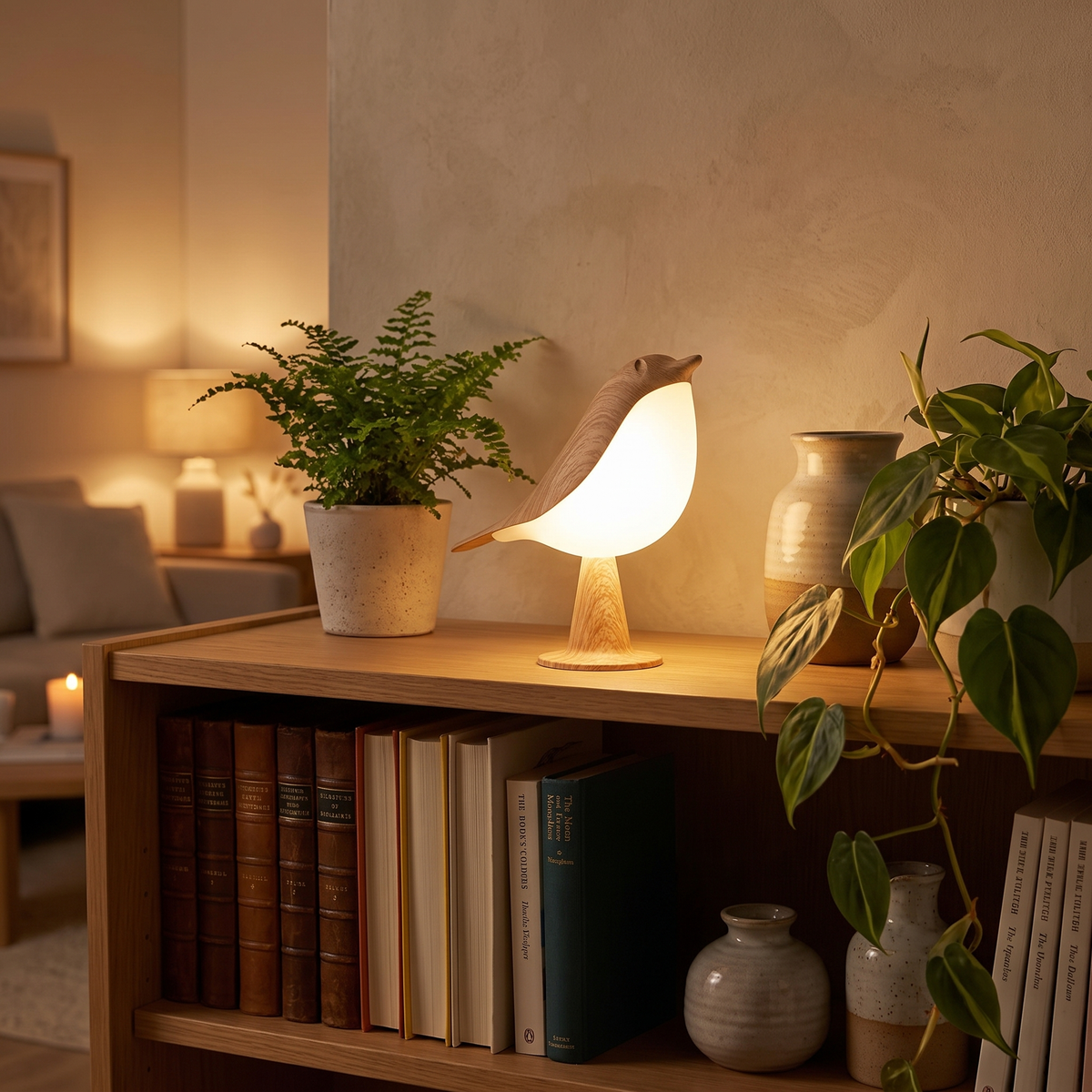 Bird lamp on a bookshelf (styled photo)