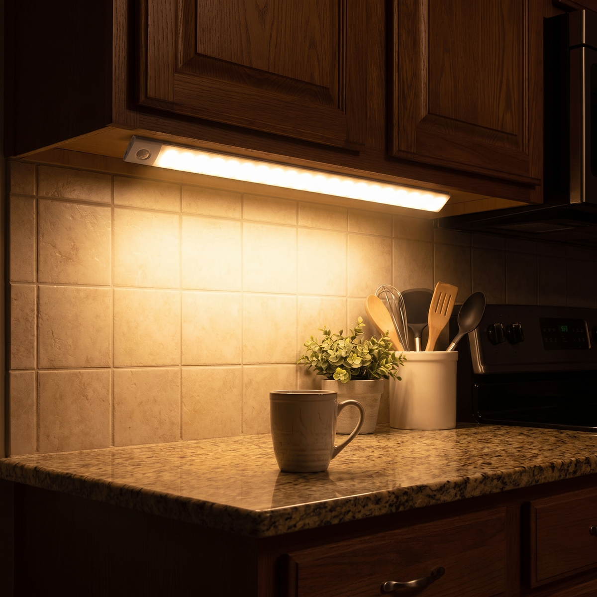 Glow bar under a kitchen cabinet (styled photo)