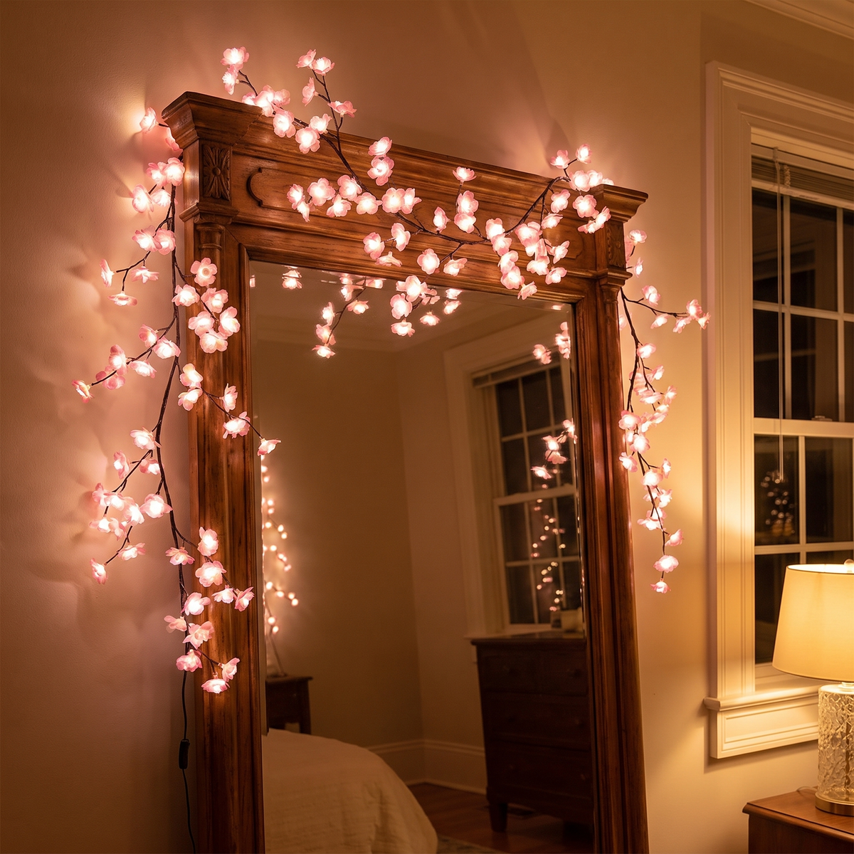 Cherry blossom lights on a mirror (styled photo)