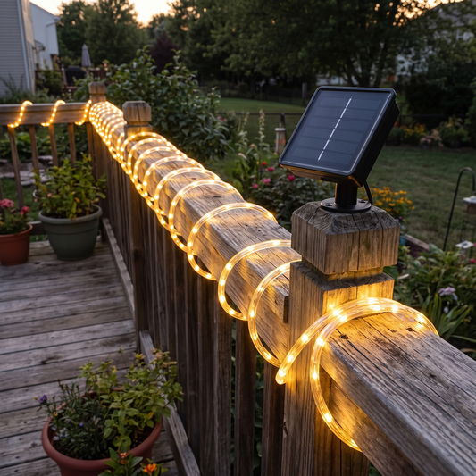 Solar rope light on a deck railing (styled photo)