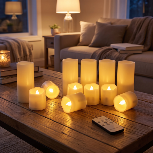 Flameless candles on a coffee table (styled photo; set size varies)