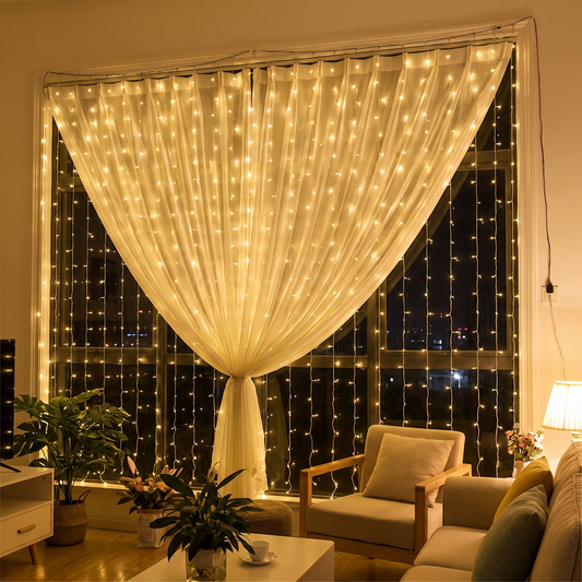 Curtain lights in a window (styled photo)