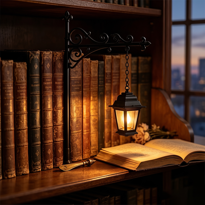 Library lantern on a bookshelf (styled photo)