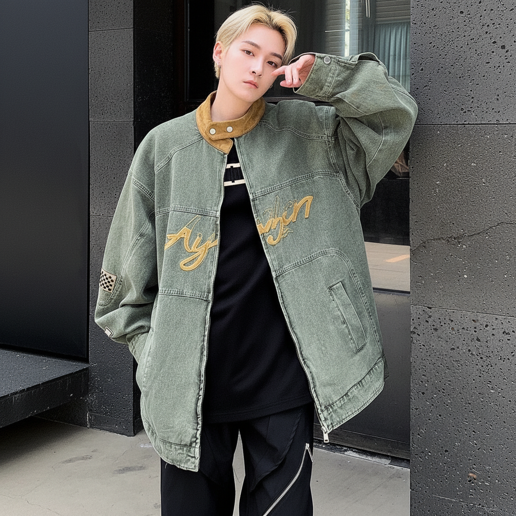 Retro Embroidered Denim Moto Jacket – Street Hip Hop Style