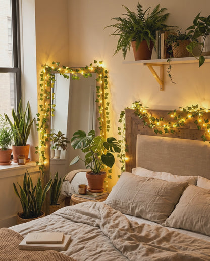 Styling visualization: vine fairy lights bedroom