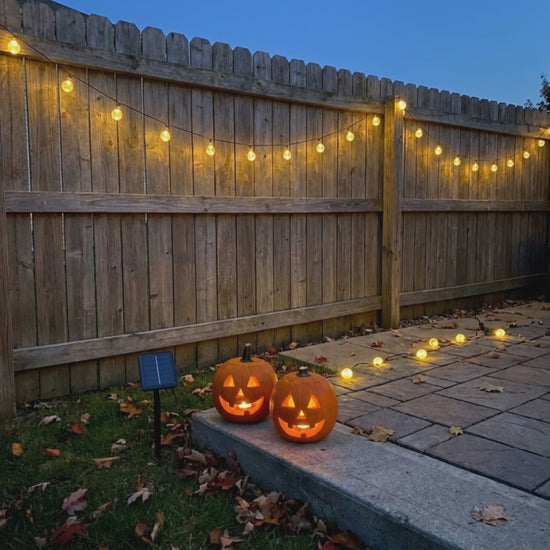 Styling visualization: solar globe lights on a fence at dusk