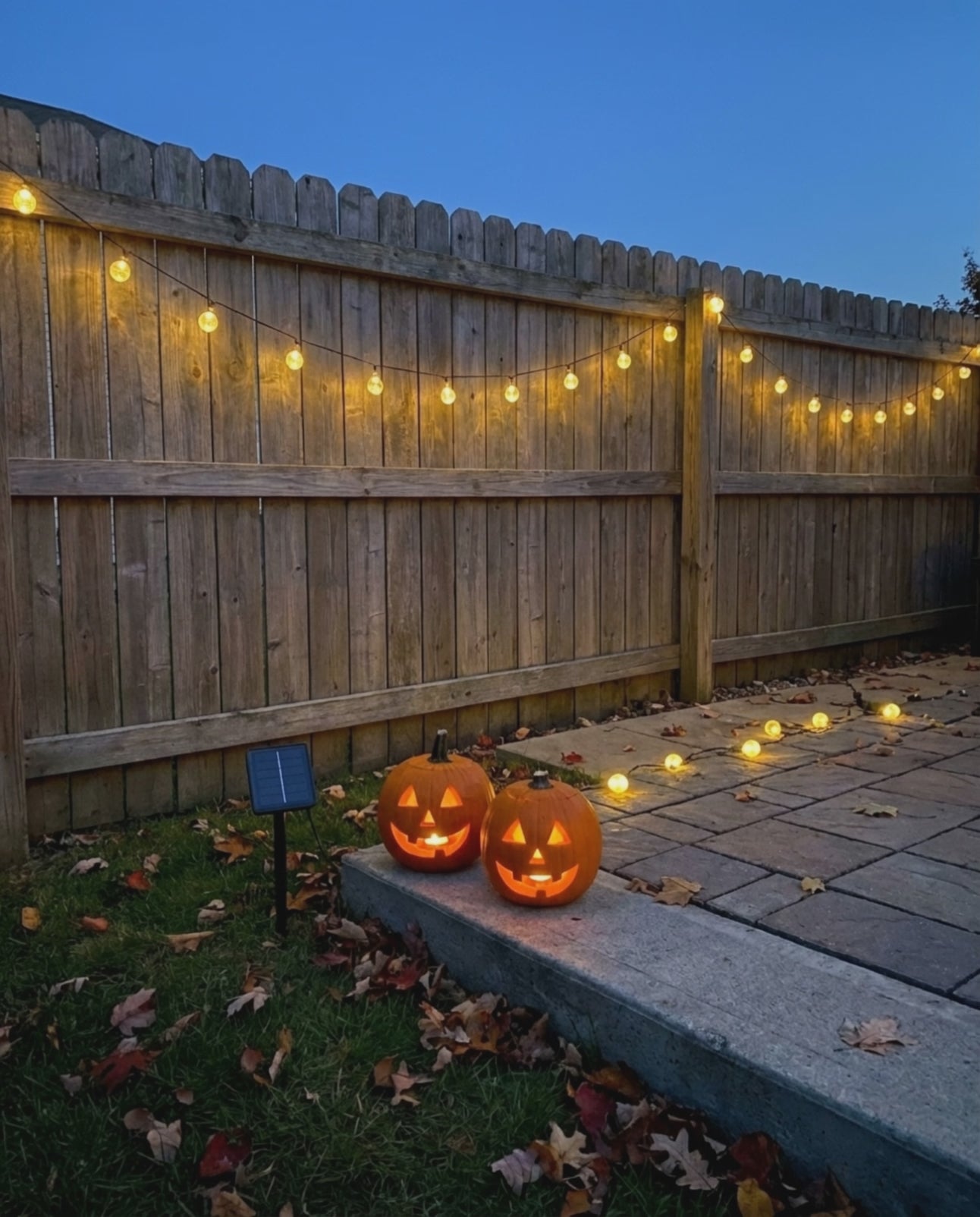 Styling visualization: solar globe lights on a fence at dusk