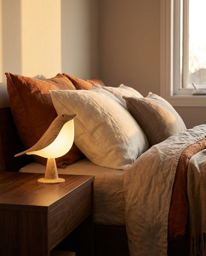 AI-generated autumn bedside styling concept; check the product photographs for the exact lamp. Props are not included.