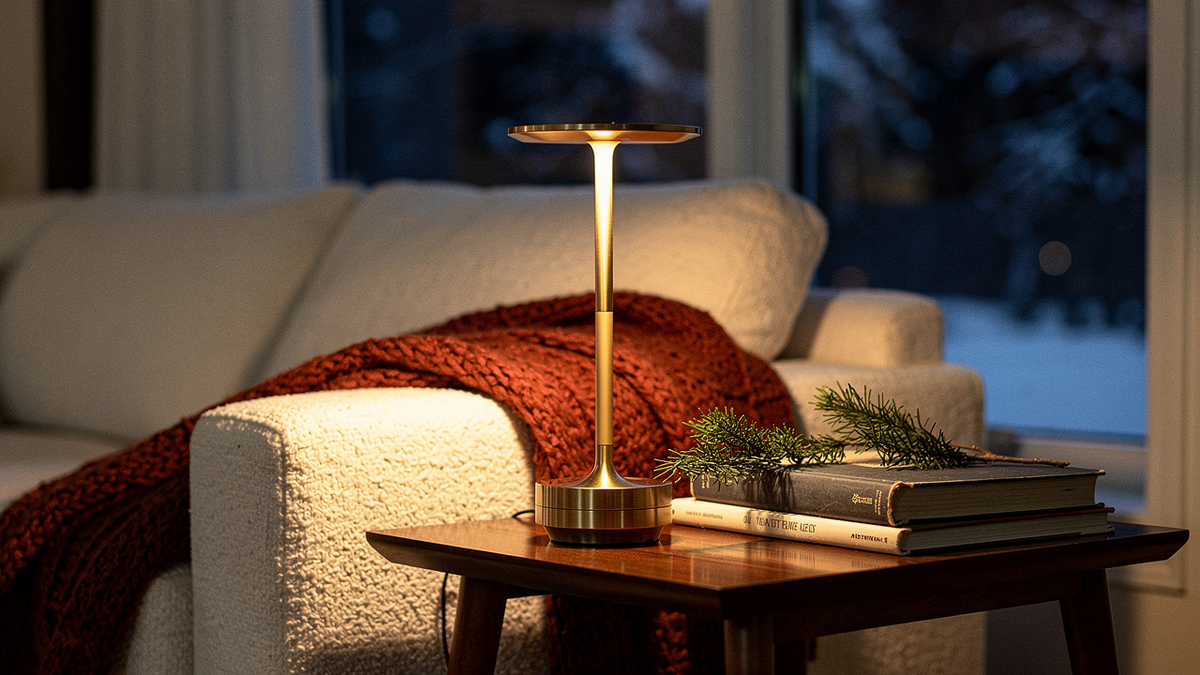 The Nightcap black cordless lamp styled in a winter living room; lifestyle scene, product details shown in the gallery.