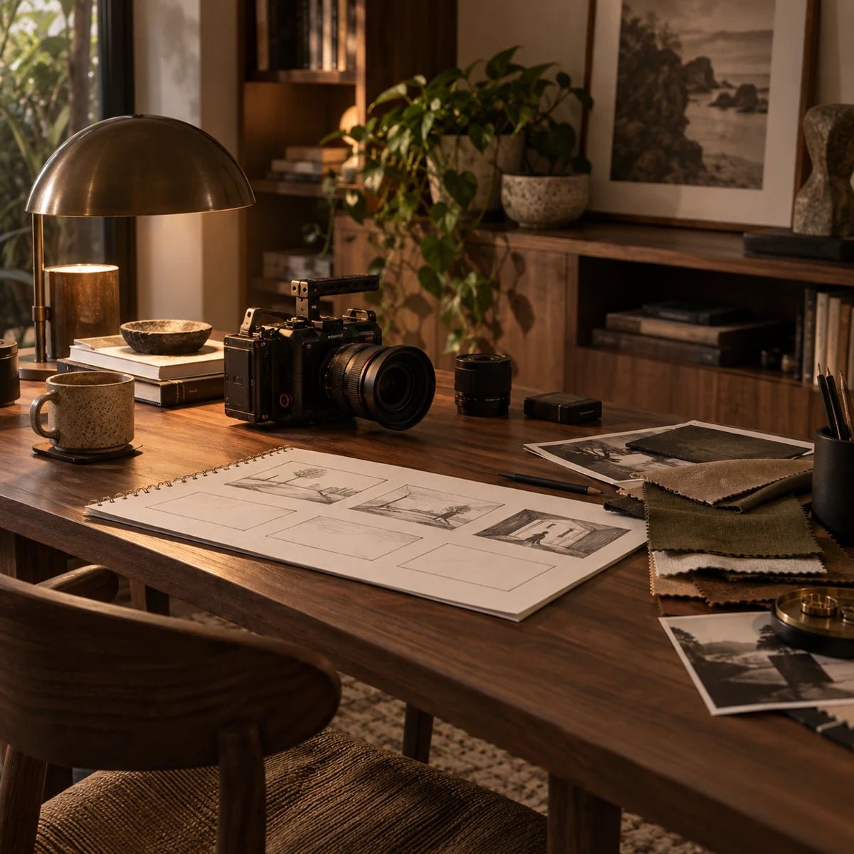 Filmmaking still life with a camera, storyboard and warm light